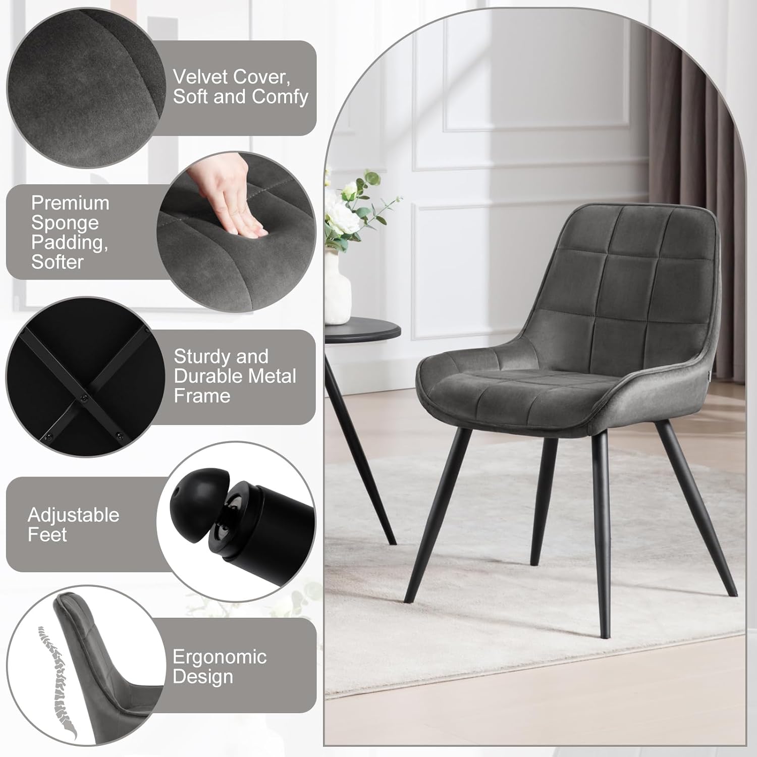 2x eetkamerstoel / kuipstoel / keukenstoel - stoffen zitting met metalen frame - donkergrijs - set van 2 stuks - Afbeelding 5