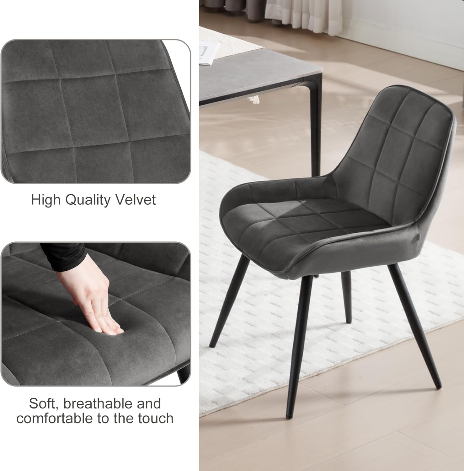 2x eetkamerstoel / kuipstoel / keukenstoel - stoffen zitting met metalen frame - donkergrijs - set van 2 stuks - Afbeelding 6