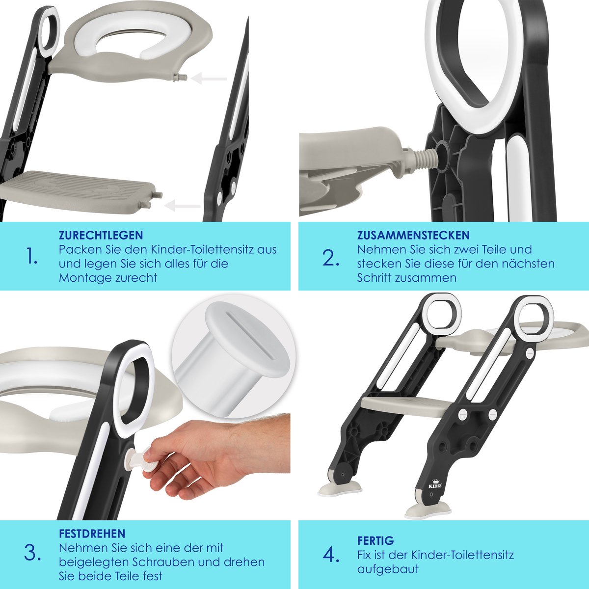 Toiletbril voor kinderen met opstapje - kindertoiletbril / toilettrainer - hoogte verstelbaar - grijs - Afbeelding 2