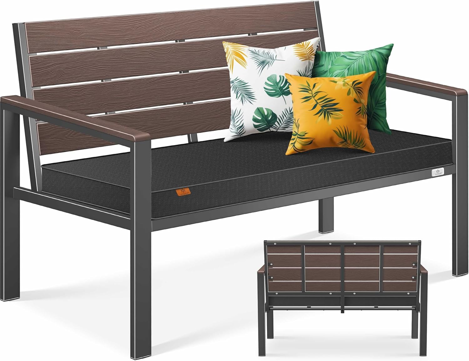 Tuinbank met houtlook - zitkussen - 120 cm - parkbank met regenhoes - 300 kg belastbaar - zwart / donkerbruine houtkleur