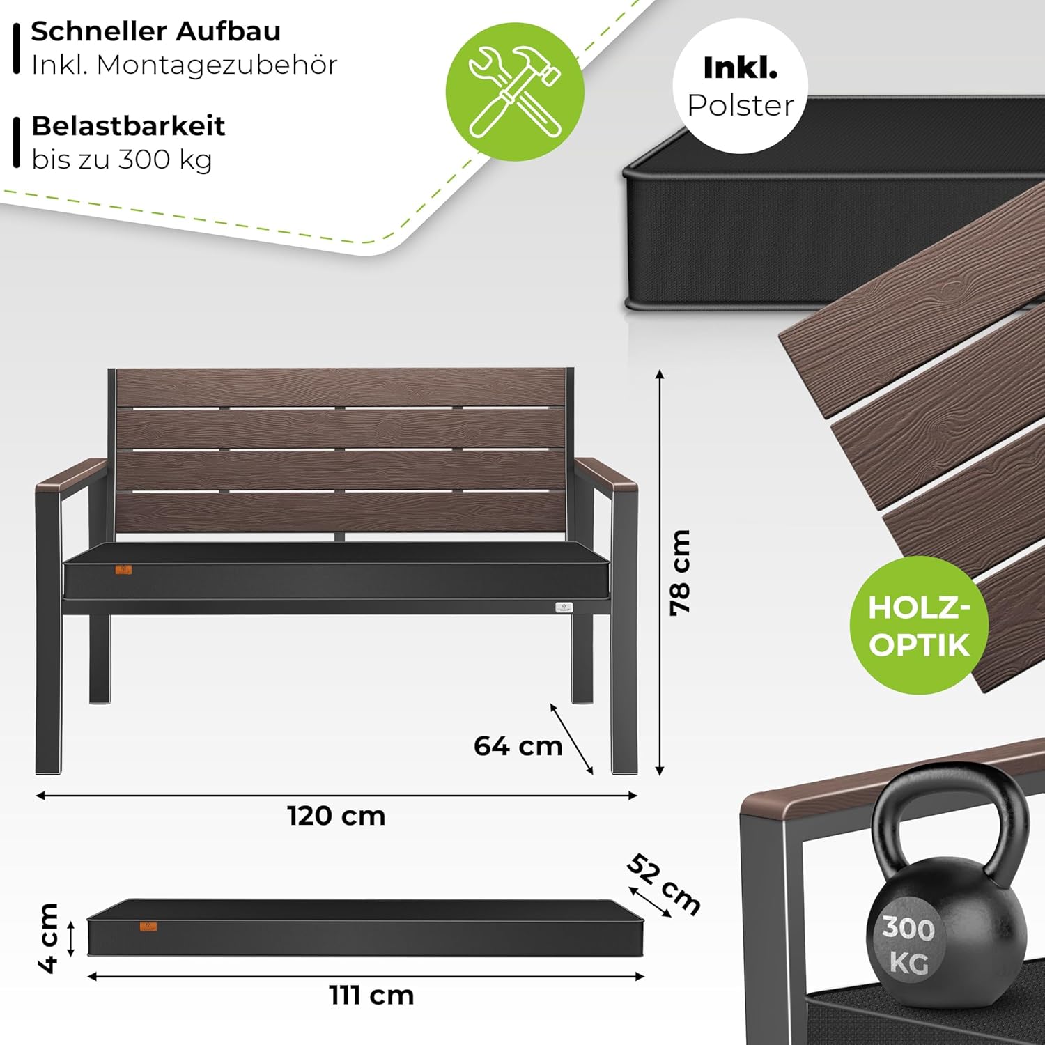 Tuinbank met houtlook - zitkussen - 120 cm - parkbank met regenhoes - 300 kg belastbaar - zwart / donkerbruine houtkleur - Afbeelding 2