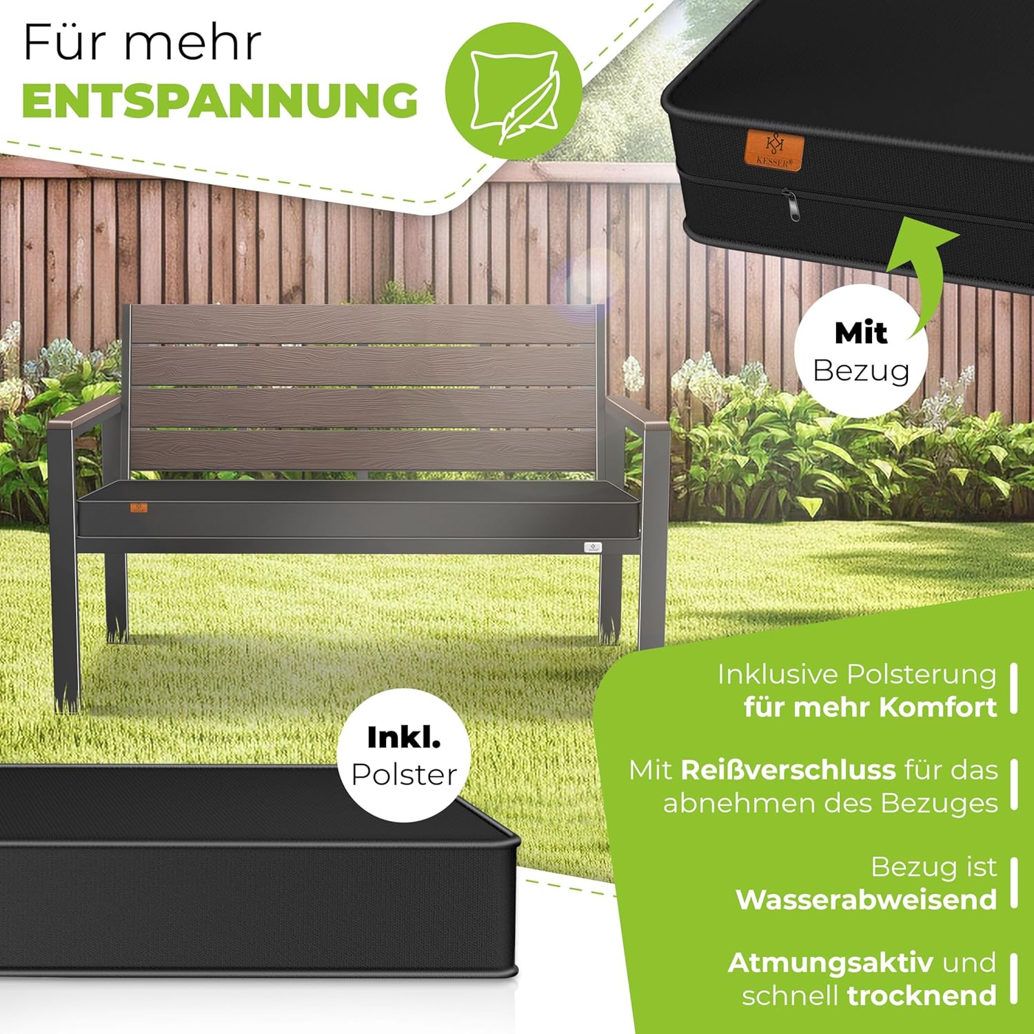 Tuinbank met houtlook - zitkussen - 120 cm - parkbank met regenhoes - 300 kg belastbaar - zwart / donkerbruine houtkleur - Afbeelding 3