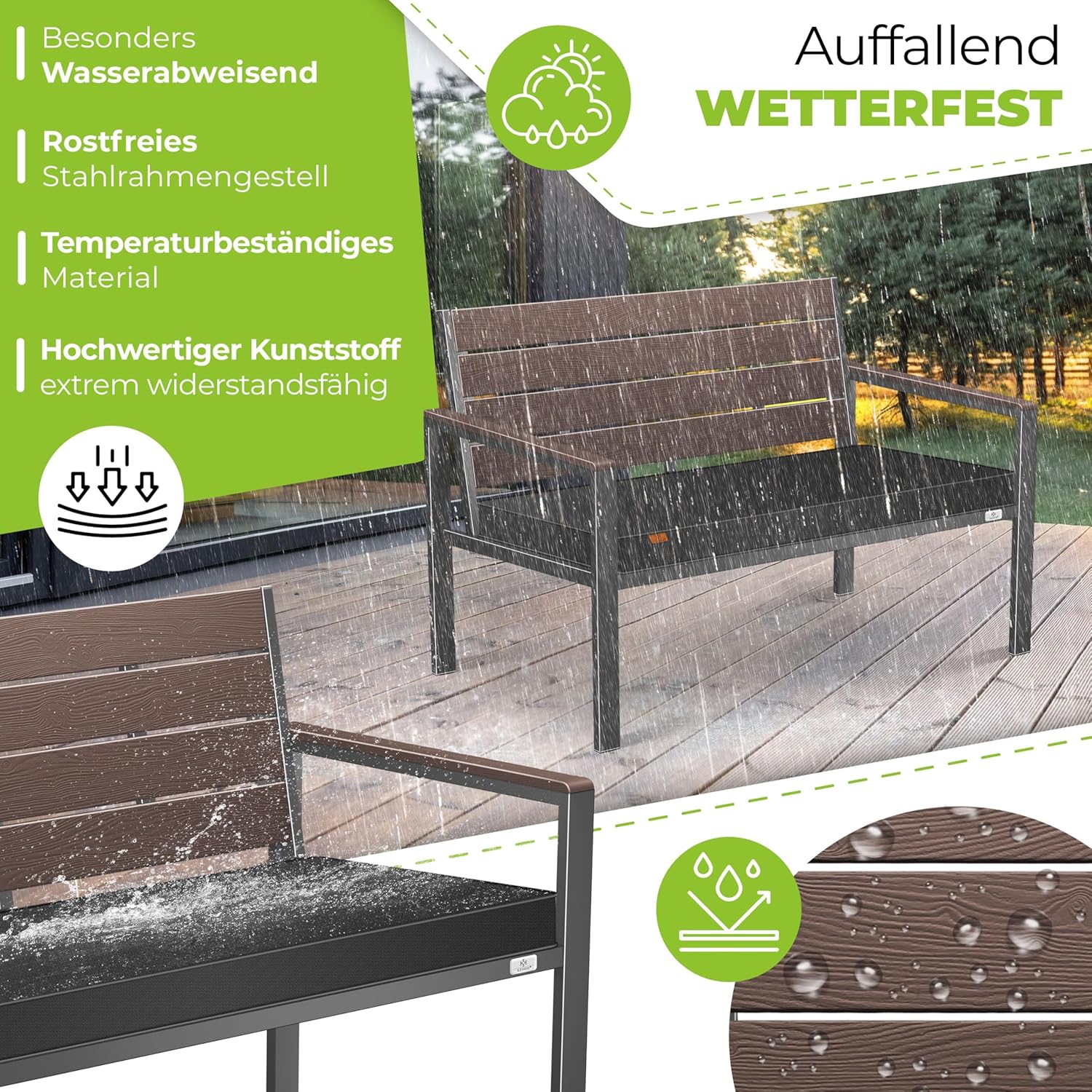 Tuinbank met houtlook - zitkussen - 120 cm - parkbank met regenhoes - 300 kg belastbaar - zwart / donkerbruine houtkleur - Afbeelding 5