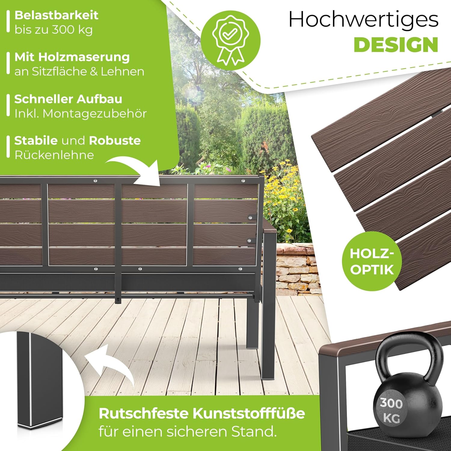 Tuinbank met houtlook - zitkussen - 120 cm - parkbank met regenhoes - 300 kg belastbaar - zwart / donkerbruine houtkleur - Afbeelding 6