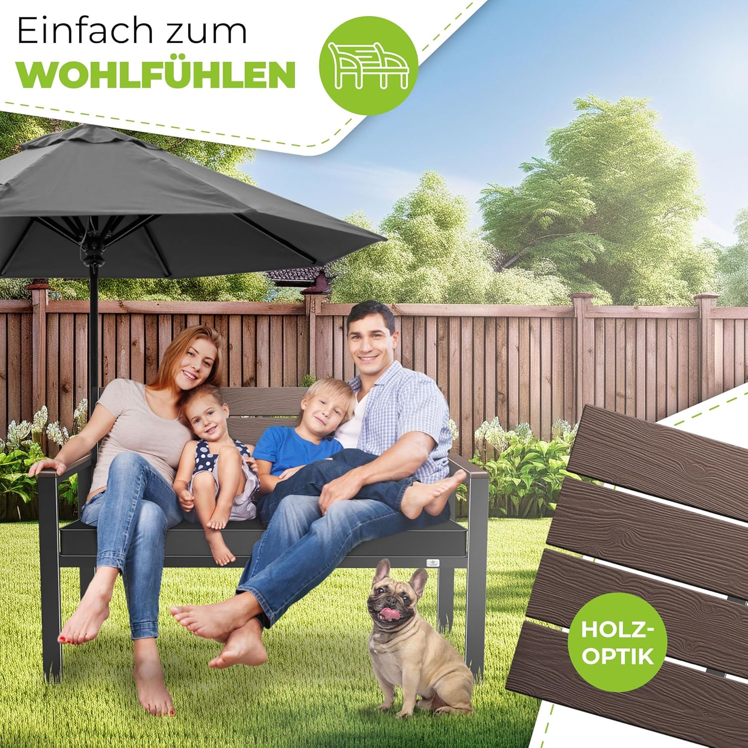 Tuinbank met houtlook - zitkussen - 120 cm - parkbank met regenhoes - 300 kg belastbaar - zwart / donkerbruine houtkleur - Afbeelding 7
