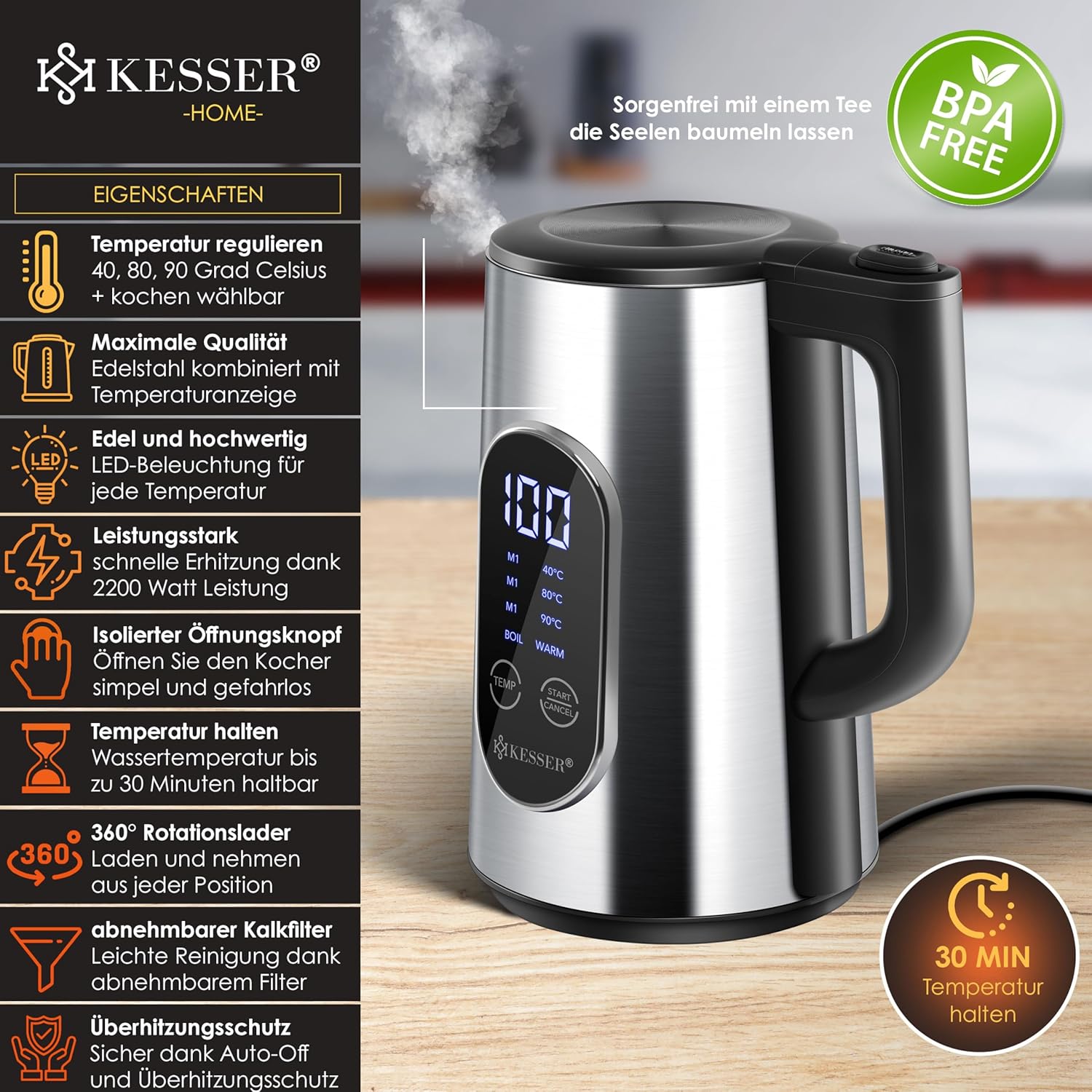 RVS waterkoker - 1,7 liter - LED-display - 4 standen - van 40°C tot 100°C -warmhoudfunctie - 2200 watt - Afbeelding 2