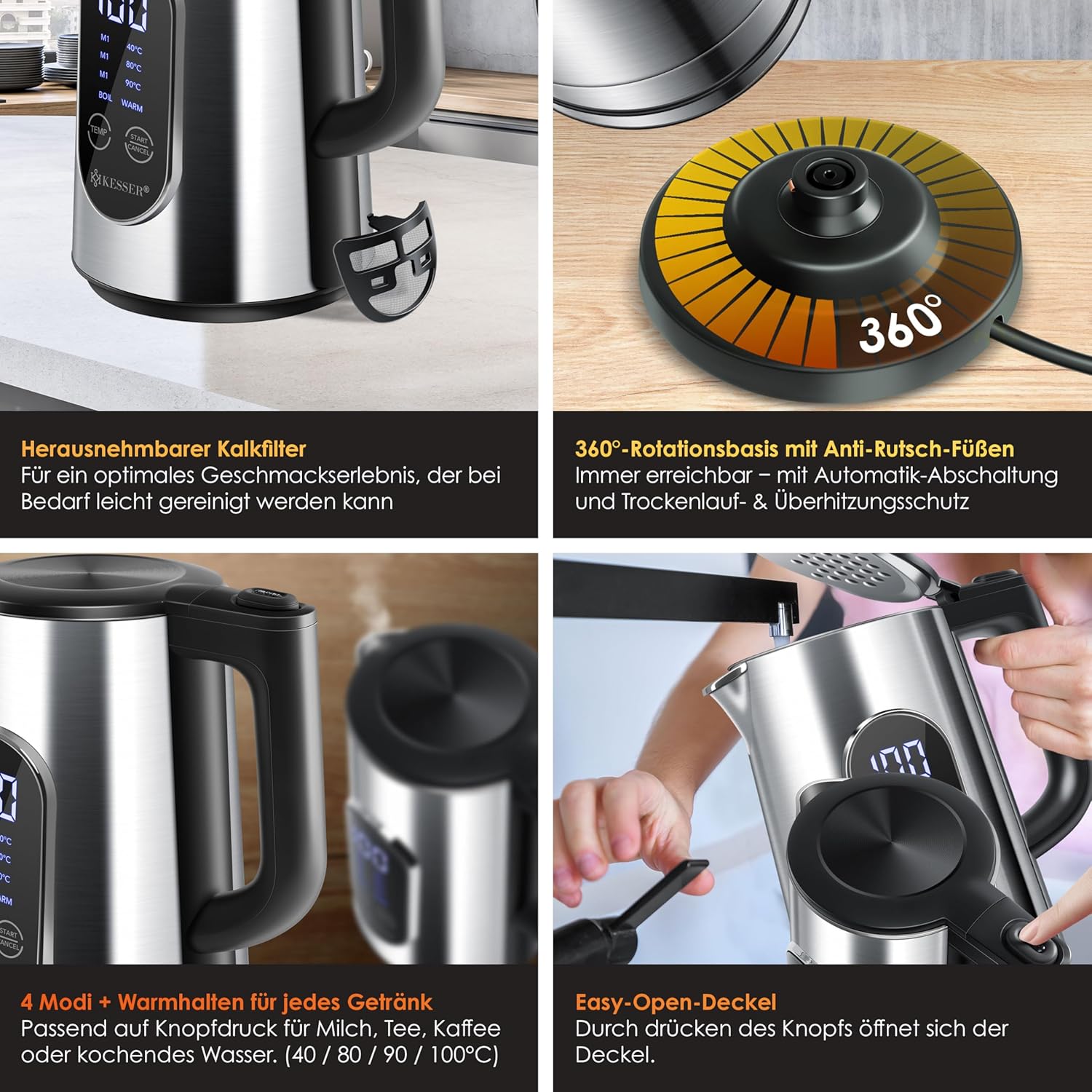 RVS waterkoker - 1,7 liter - LED-display - 4 standen - van 40°C tot 100°C -warmhoudfunctie - 2200 watt - Afbeelding 3