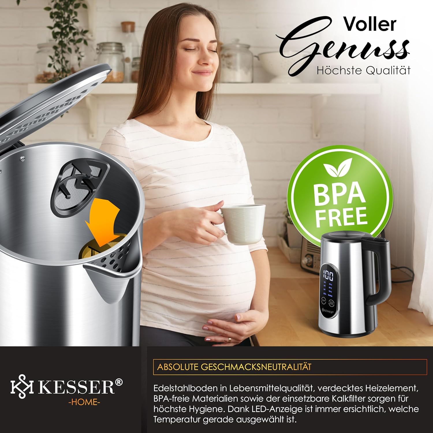 RVS waterkoker - 1,7 liter - LED-display - 4 standen - van 40°C tot 100°C -warmhoudfunctie - 2200 watt - Afbeelding 4