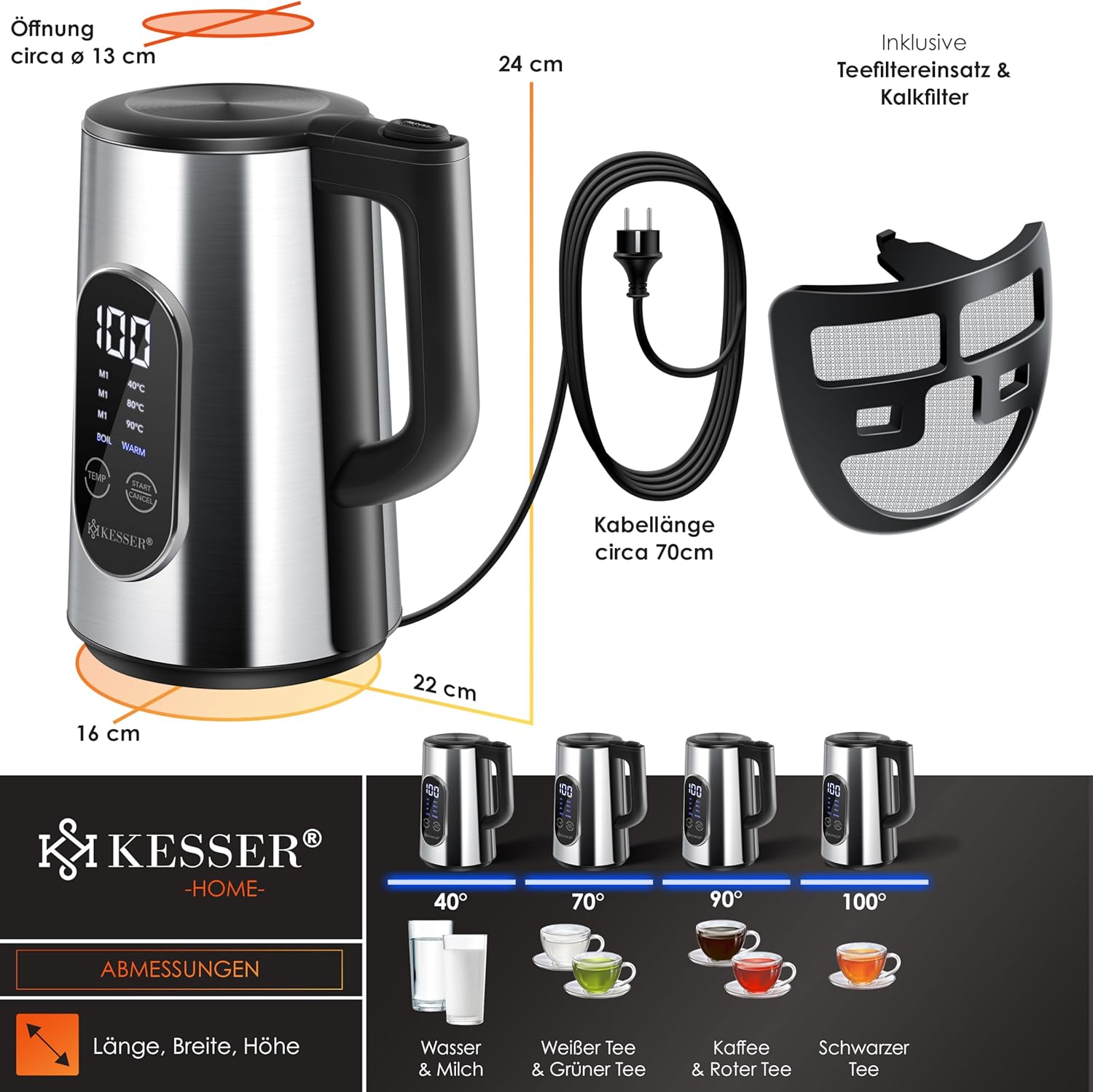 RVS waterkoker - 1,7 liter - LED-display - 4 standen - van 40°C tot 100°C -warmhoudfunctie - 2200 watt - Afbeelding 7