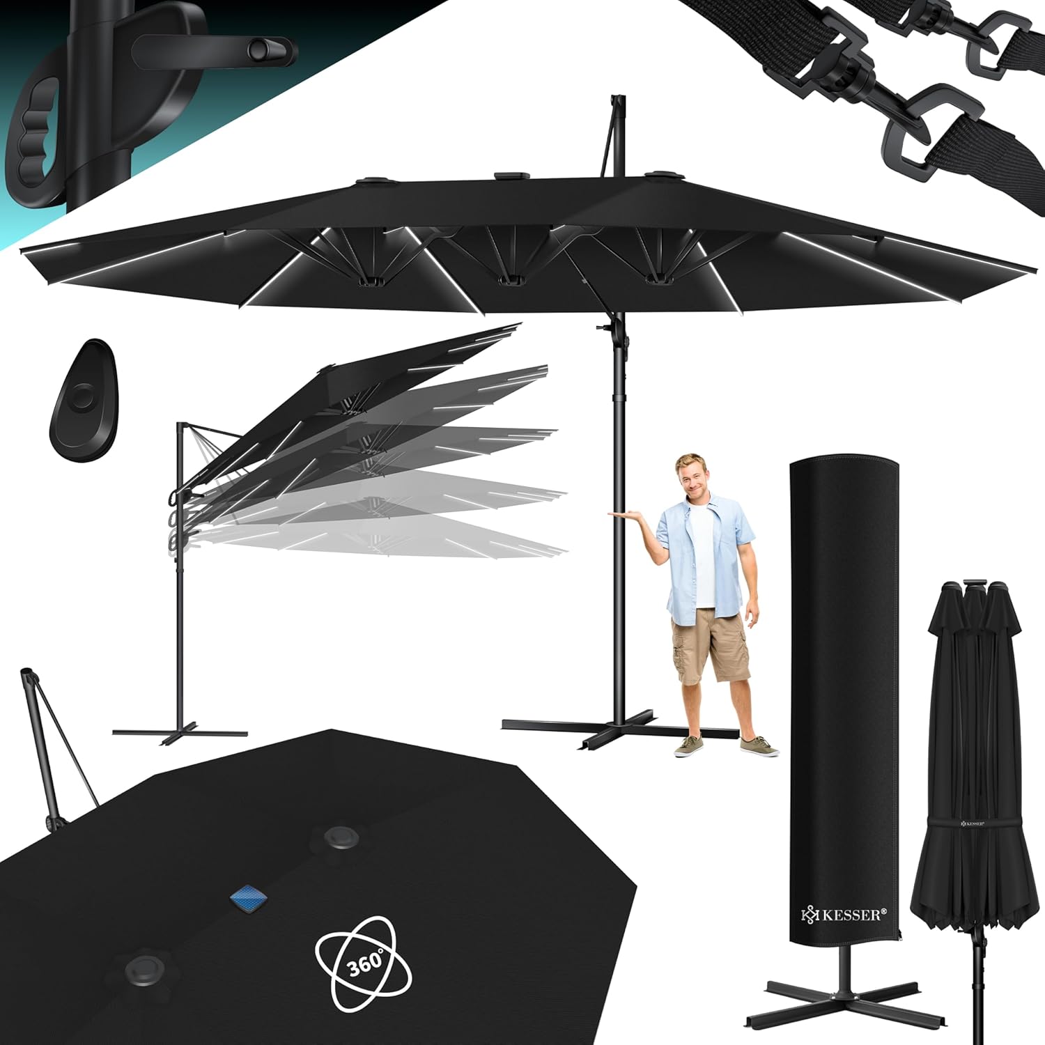 Dubbele parasol - met LED - 460x270 cm - kantelbaar - 360° draaibaar - zwart