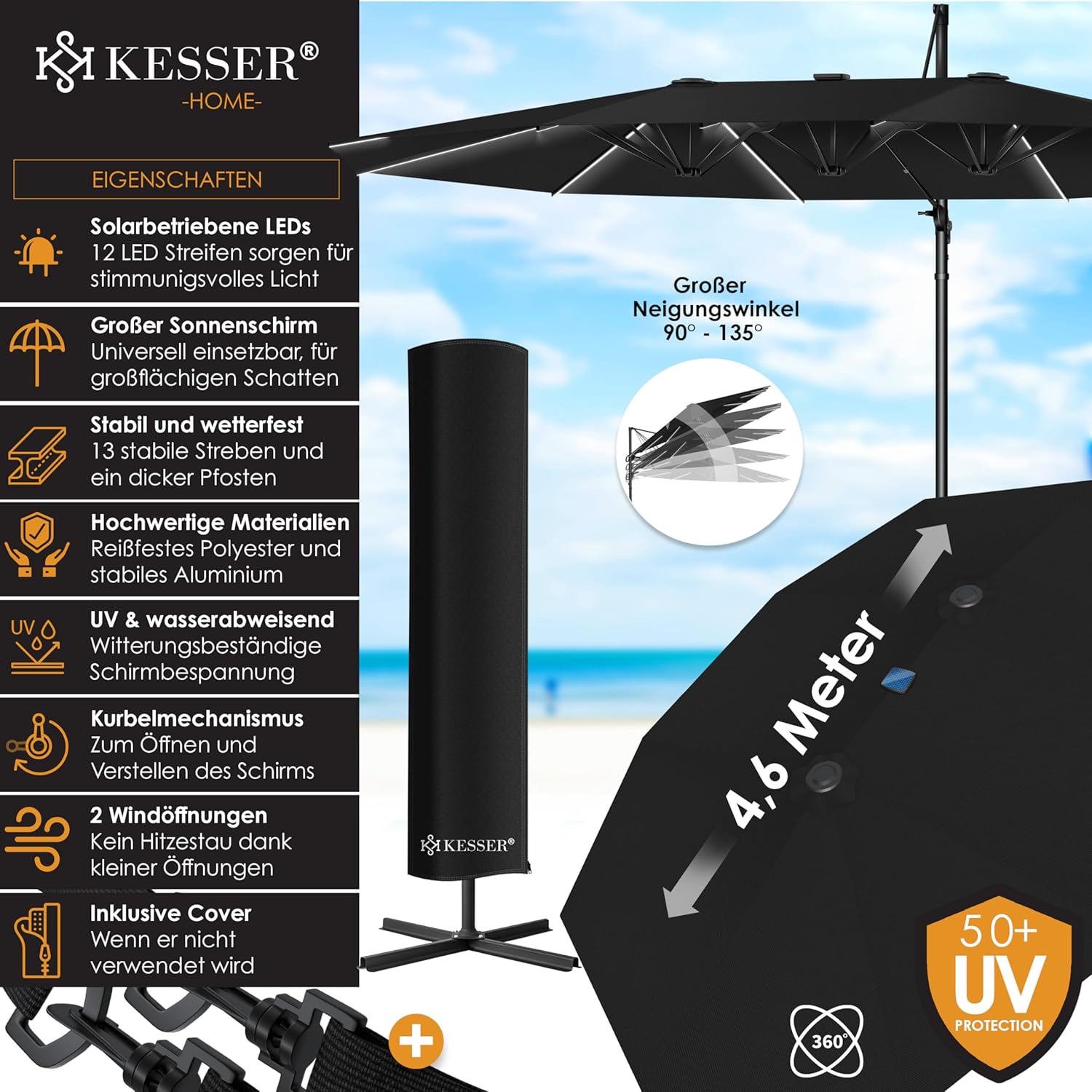 Dubbele parasol - met LED - 460x270 cm - kantelbaar - 360° draaibaar - zwart - Afbeelding 2