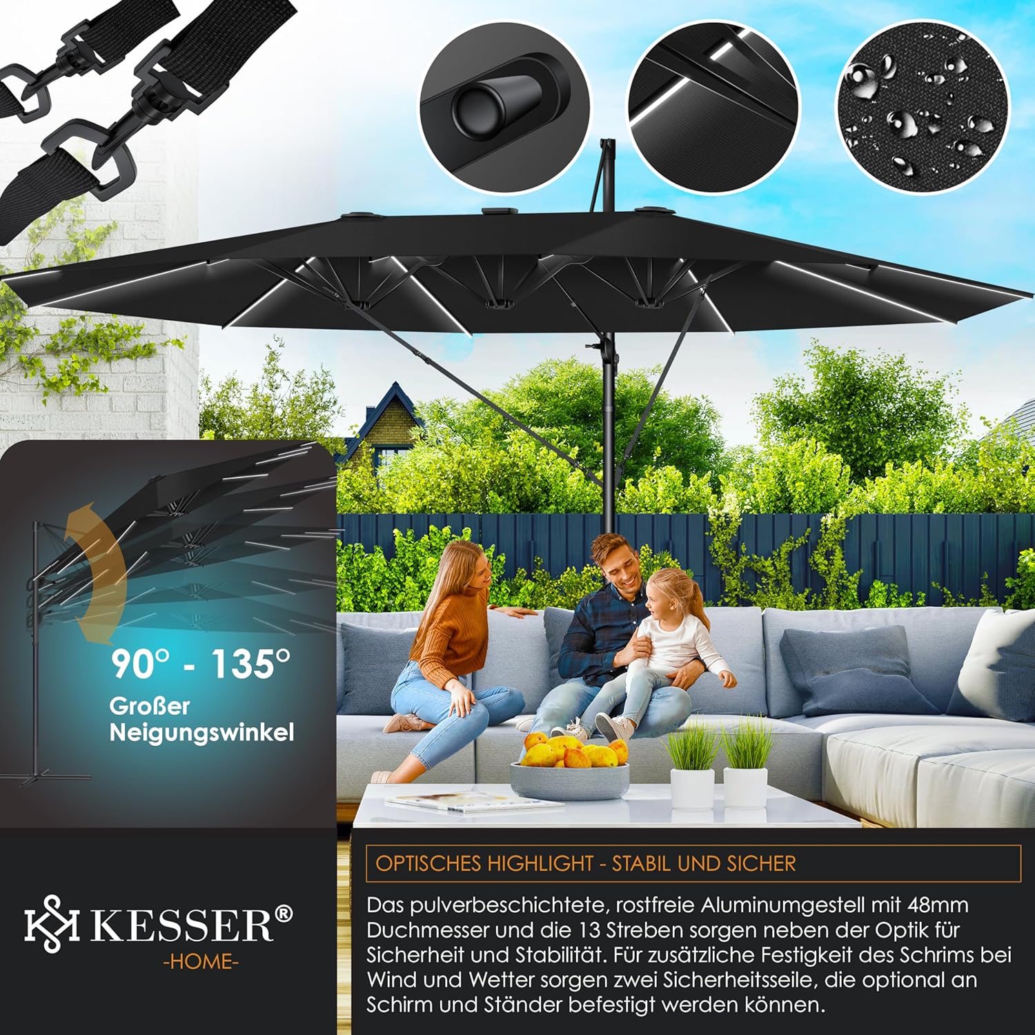 Dubbele parasol - met LED - 460x270 cm - kantelbaar - 360° draaibaar - zwart - Afbeelding 3