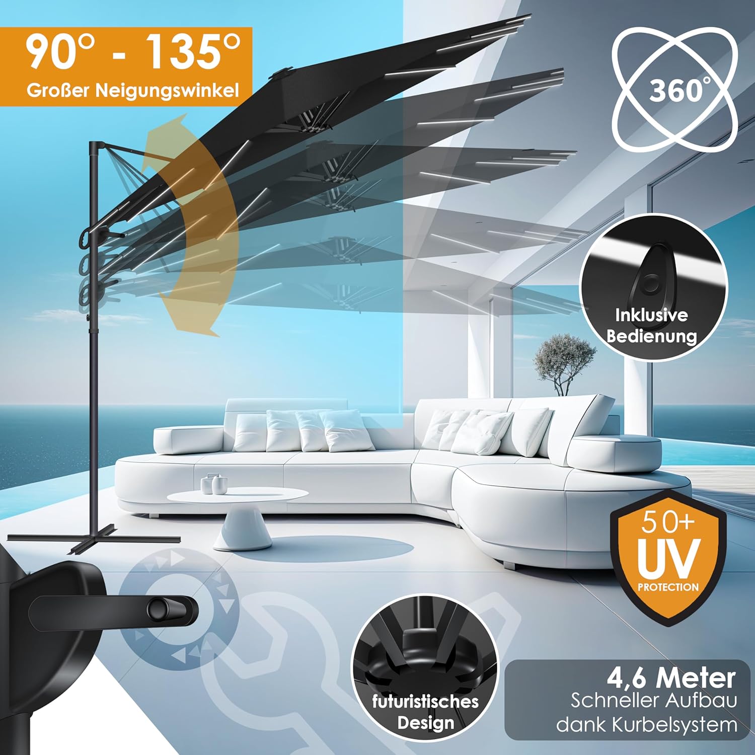 Dubbele parasol - met LED - 460x270 cm - kantelbaar - 360° draaibaar - zwart - Afbeelding 4