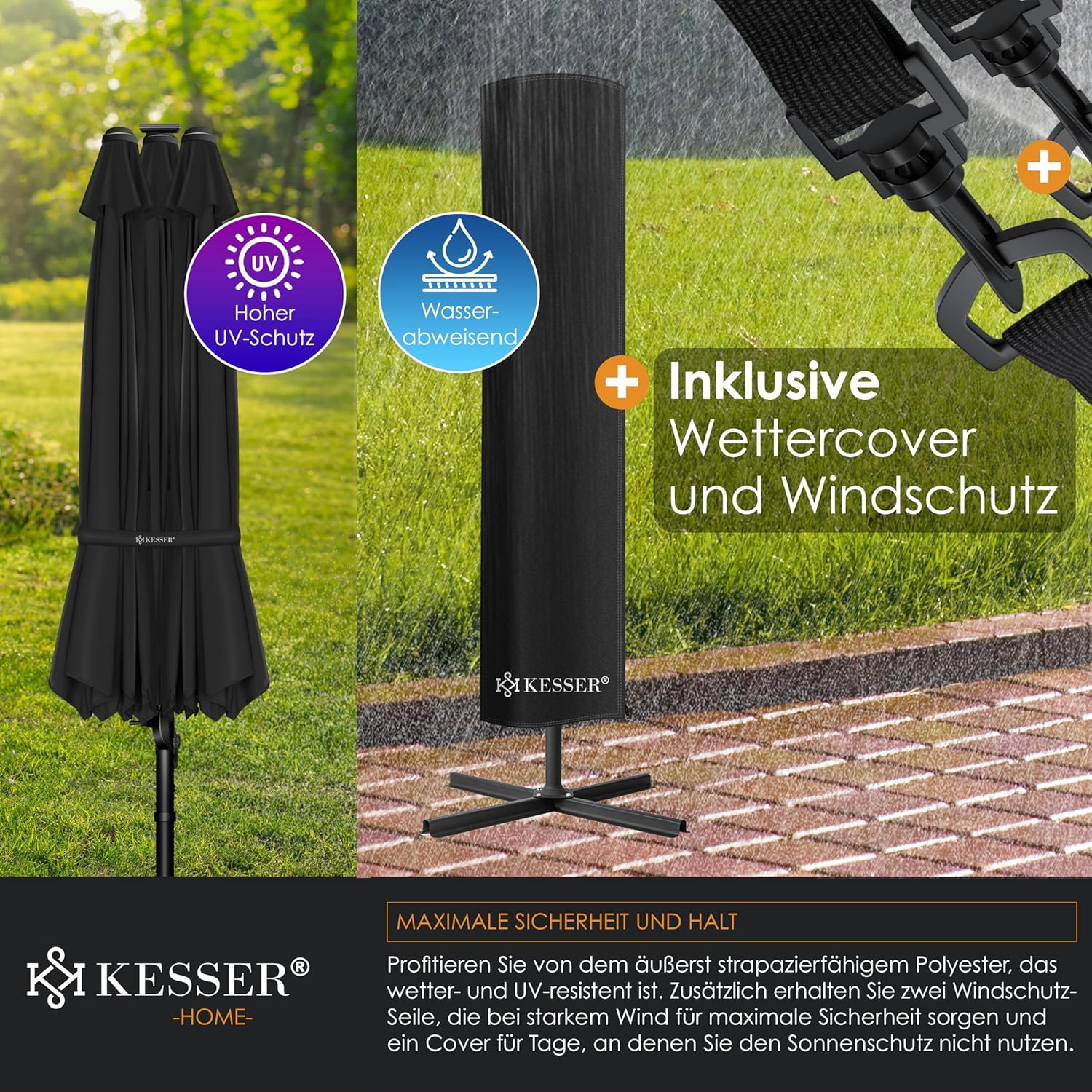 Dubbele parasol - met LED - 460x270 cm - kantelbaar - 360° draaibaar - zwart - Afbeelding 5