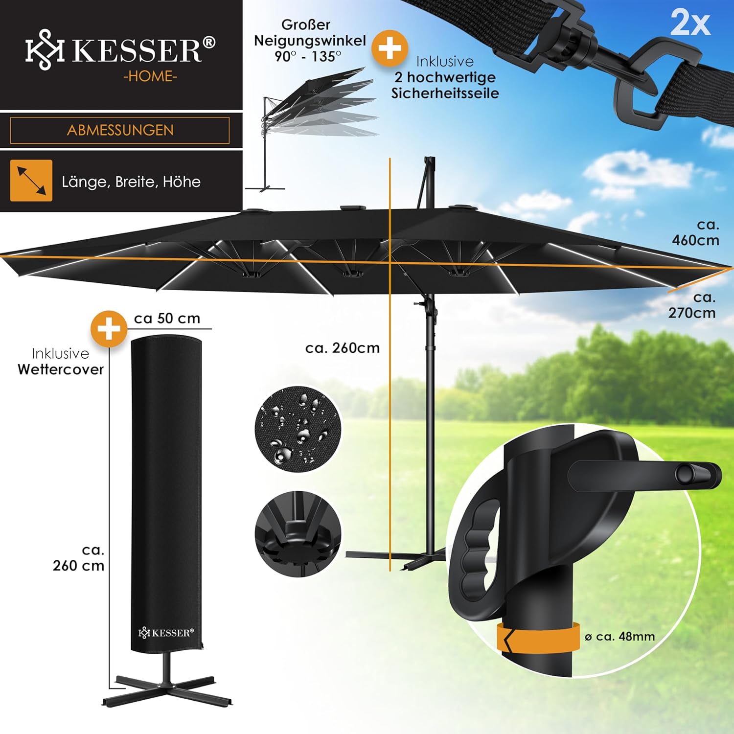 Dubbele parasol - met LED - 460x270 cm - kantelbaar - 360° draaibaar - zwart - Afbeelding 6