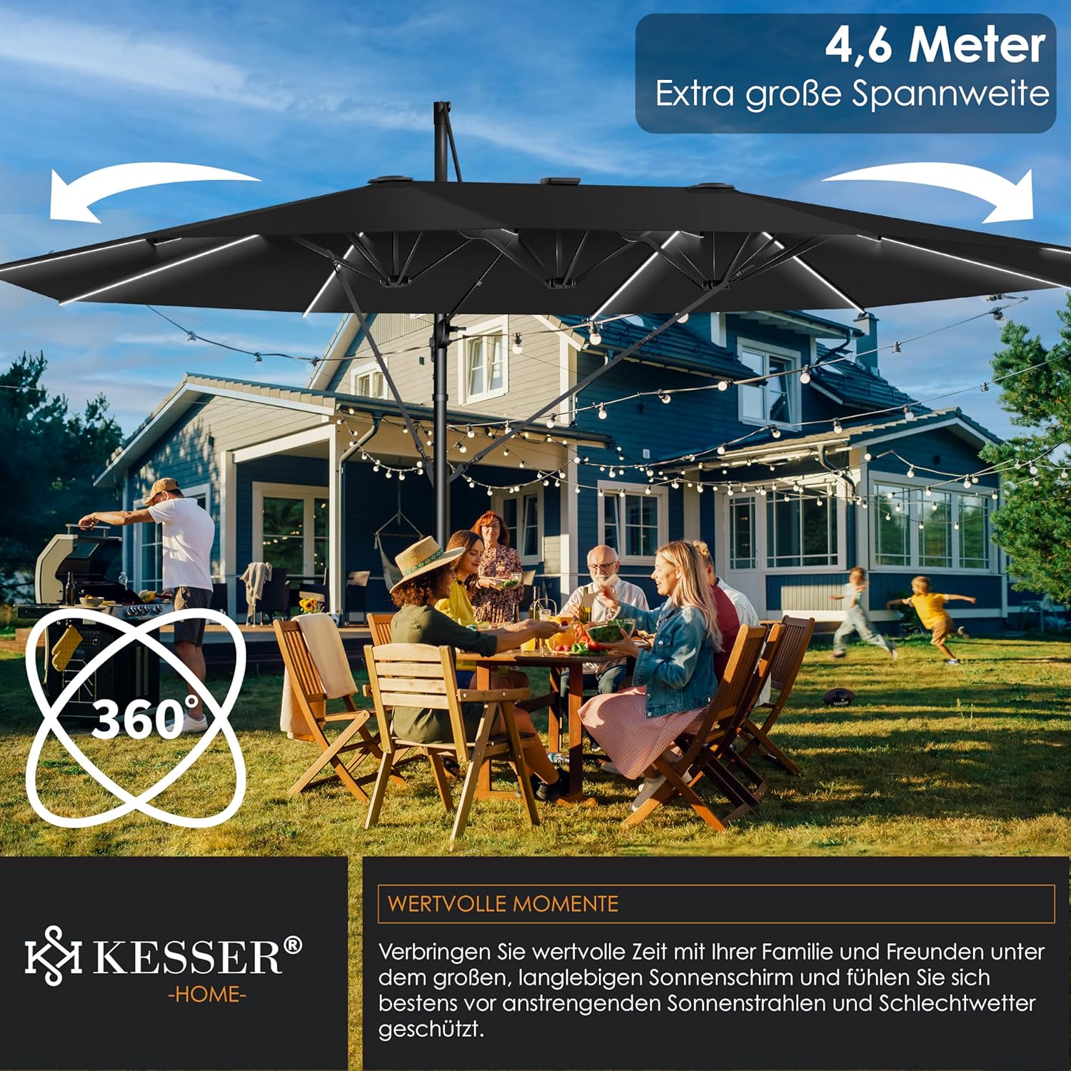Dubbele parasol - met LED - 460x270 cm - kantelbaar - 360° draaibaar - zwart - Afbeelding 7