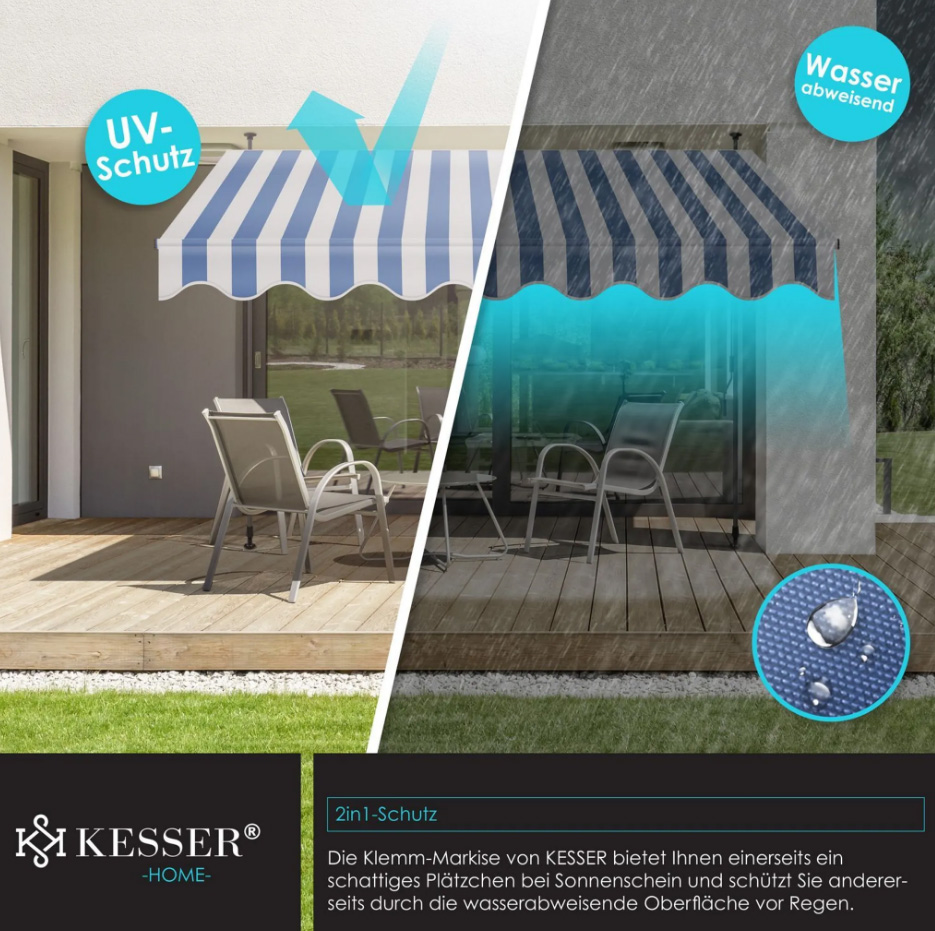 Klemzonwering / zonnescherm met handzwengel - breedte 400 cm - voor balkon en overkapping - zonder boren - hoogte verstelbaar - blauw / wit - Afbeelding 4