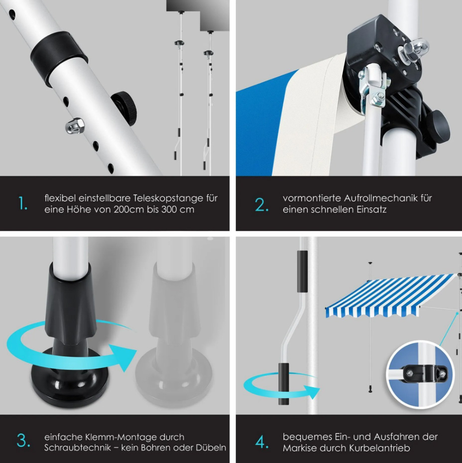 Klemzonwering / zonnescherm met handzwengel - breedte 400 cm - voor balkon en overkapping - zonder boren - hoogte verstelbaar - blauw / wit - Afbeelding 5