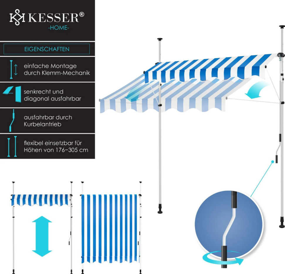 Klemzonwering / zonnescherm met handzwengel - breedte 400 cm - voor balkon en overkapping - zonder boren - hoogte verstelbaar - blauw / wit
