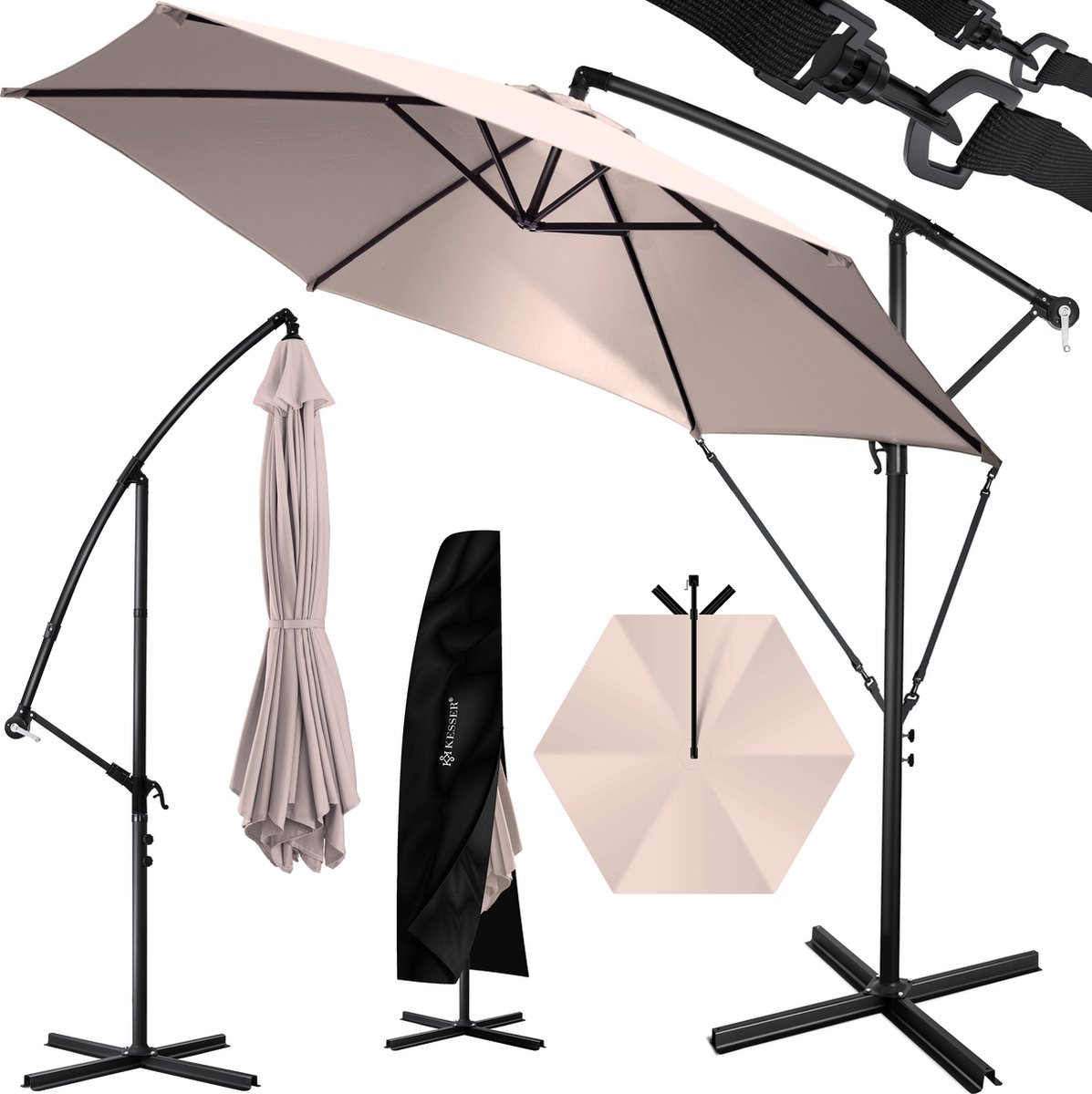 Zweefparasol met voet - diameter 350 cm - parasol 360° draaibaar - met beschermhoes - taupe