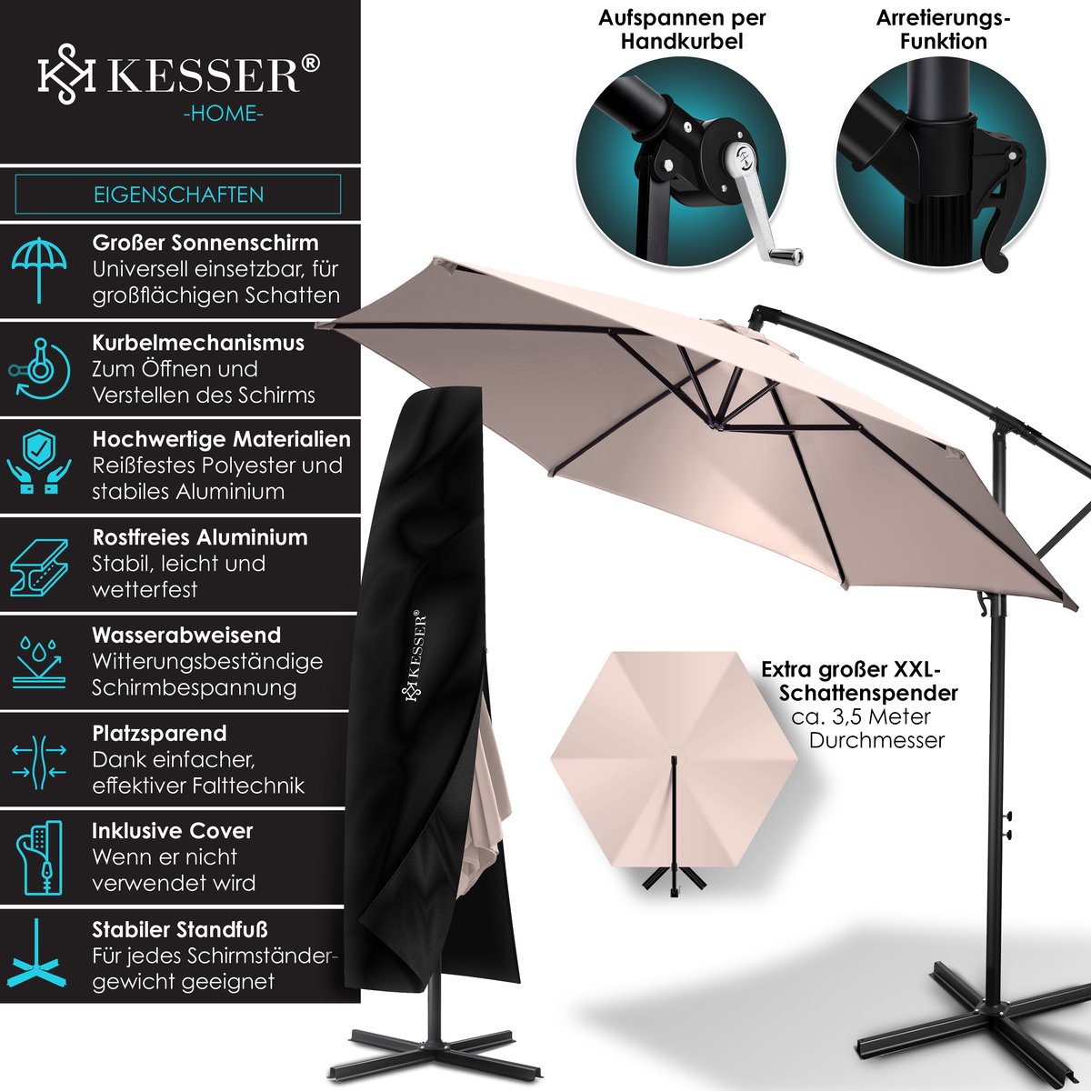 Zweefparasol met voet - diameter 350 cm - parasol 360° draaibaar - met beschermhoes - taupe - Afbeelding 2