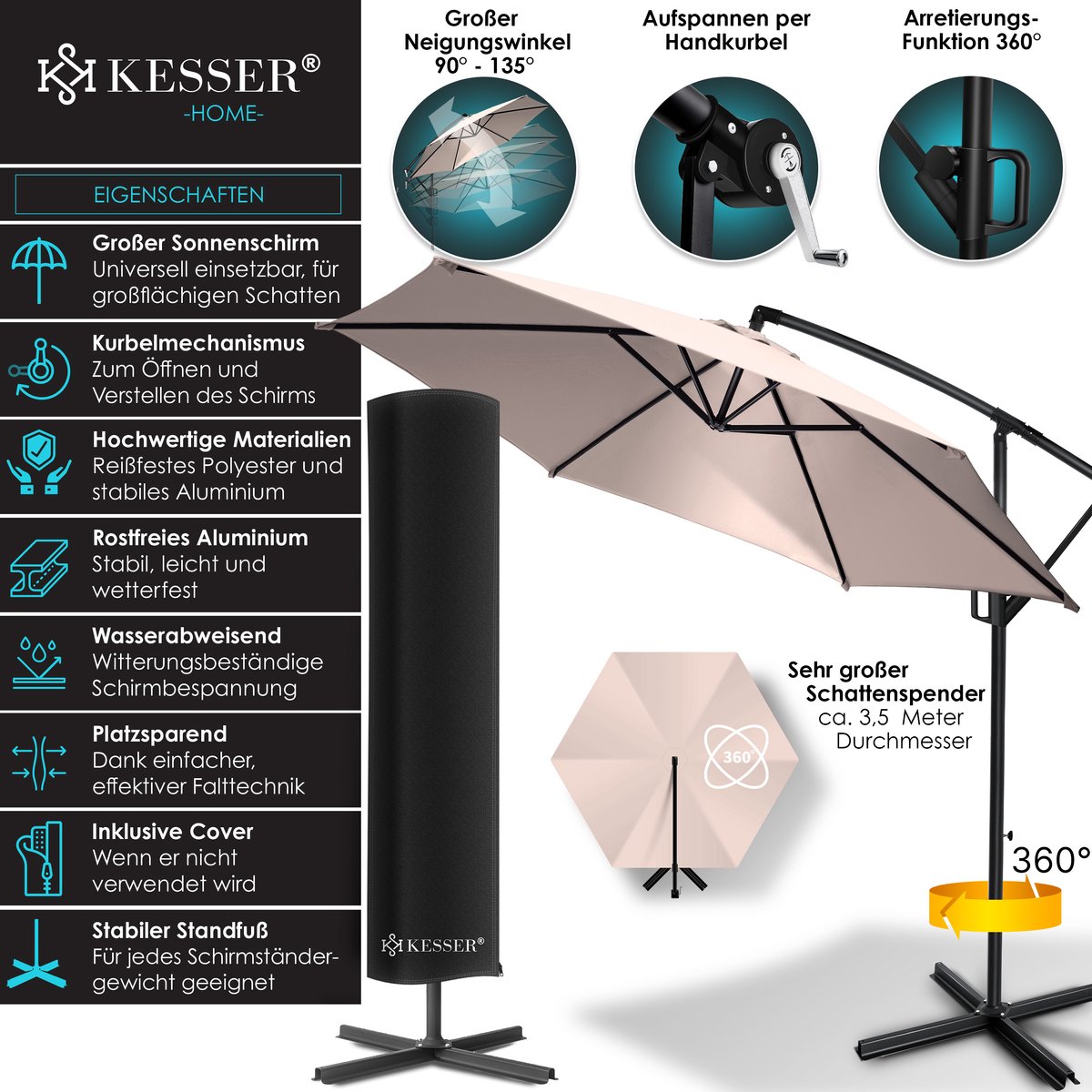 Zweefparasol met voet - diameter 350 cm - parasol 360° draaibaar - met beschermhoes - taupe - Afbeelding 12