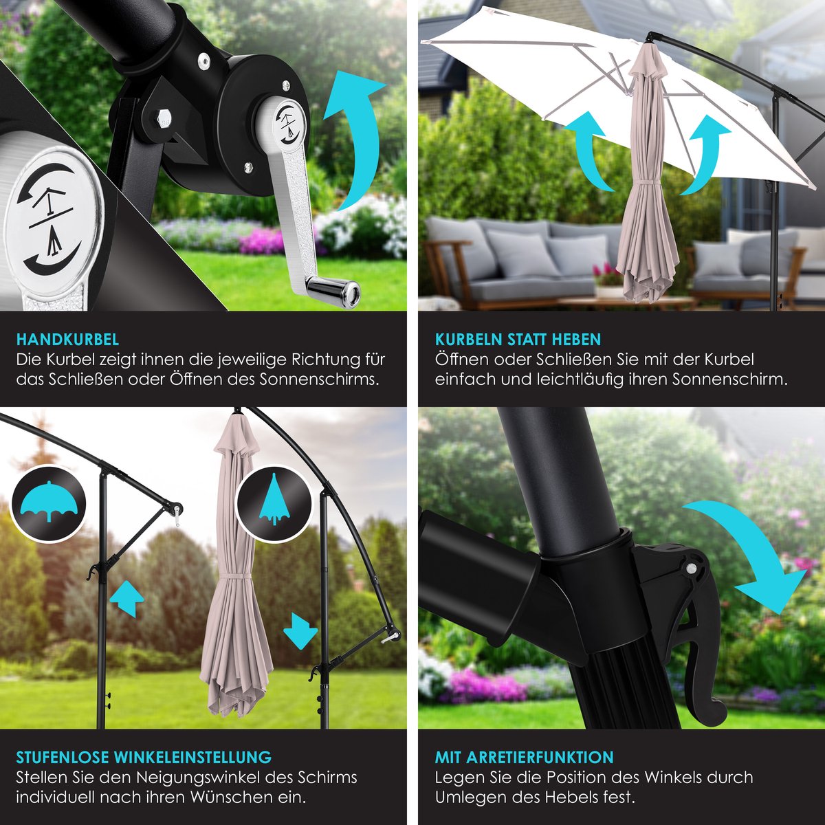 Zweefparasol met voet - diameter 350 cm - parasol 360° draaibaar - met beschermhoes - taupe - Afbeelding 3