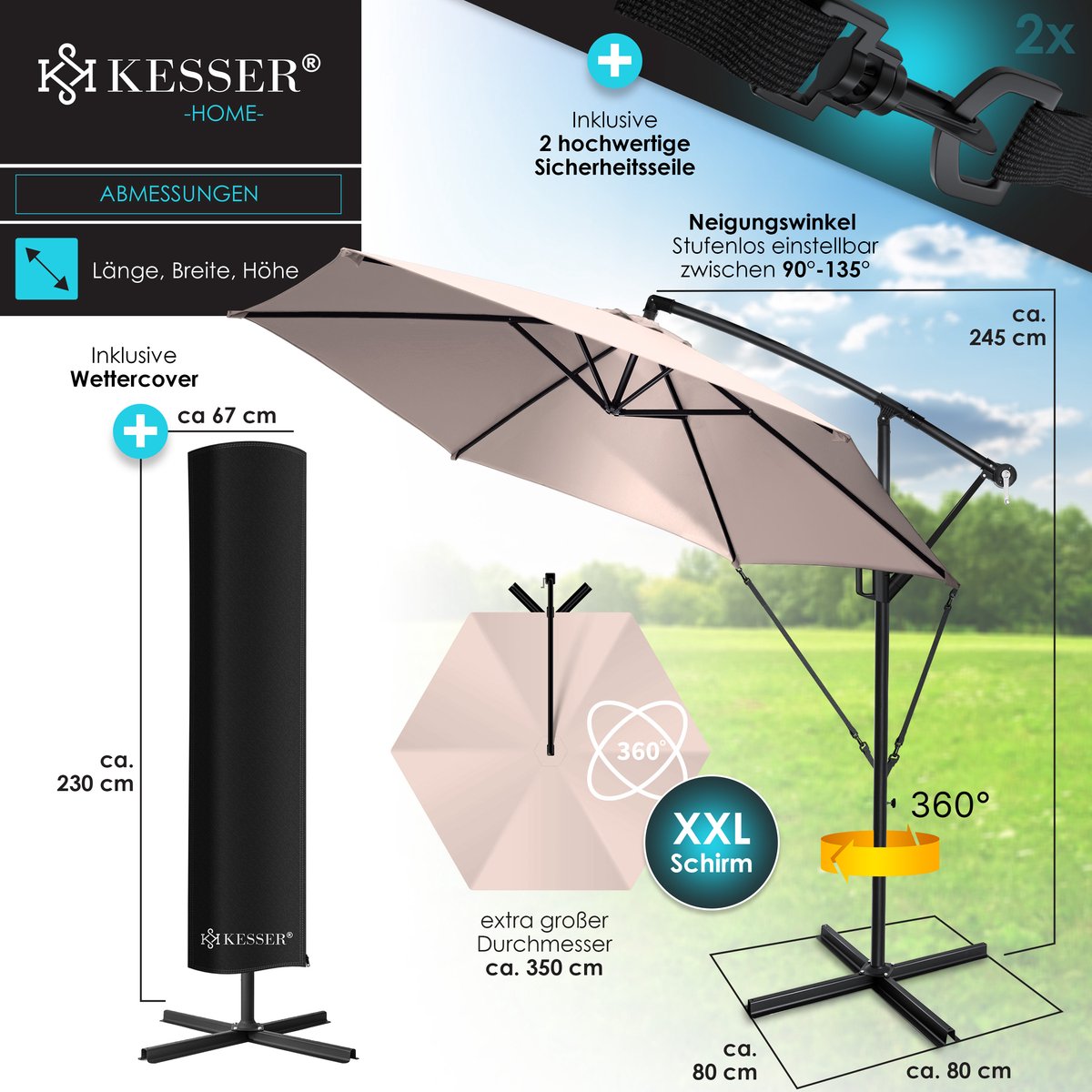 Zweefparasol met voet - diameter 350 cm - parasol 360° draaibaar - met beschermhoes - taupe - Afbeelding 4