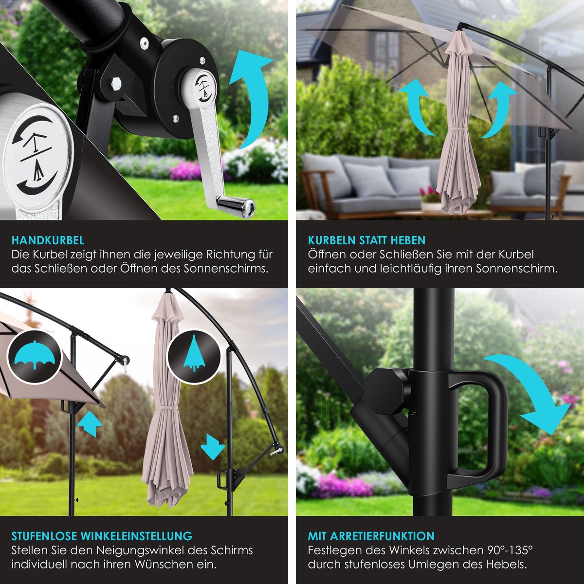 Zweefparasol met voet - diameter 350 cm - parasol 360° draaibaar - met beschermhoes - taupe - Afbeelding 9