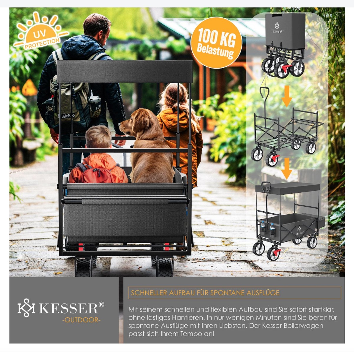 Opvouwbare bolderwagen - met dak - transportwagen met massieve wielen - grijs / antraciet - Afbeelding 2