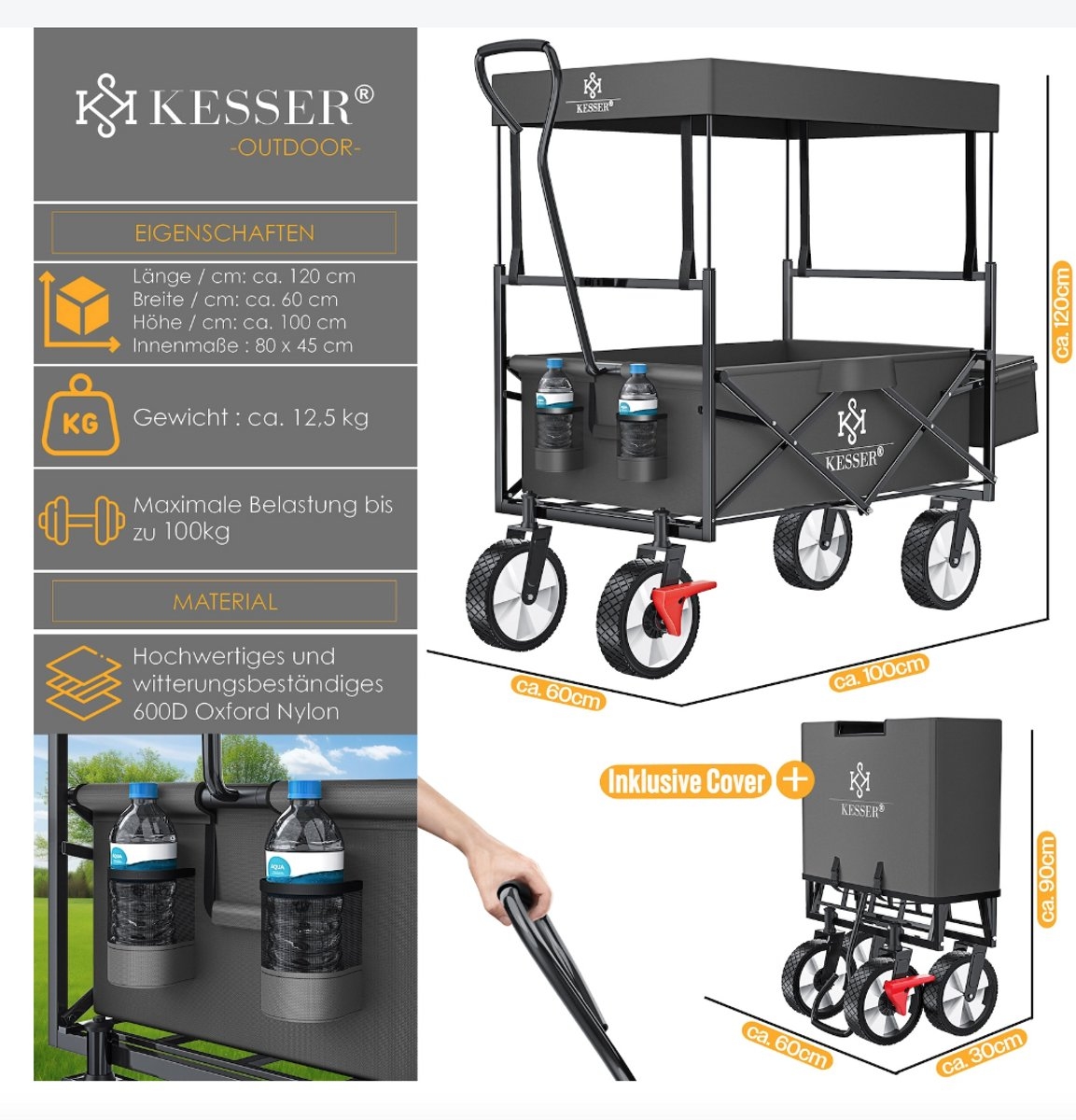 Opvouwbare bolderwagen - met dak - transportwagen met massieve wielen - grijs / antraciet - Afbeelding 5