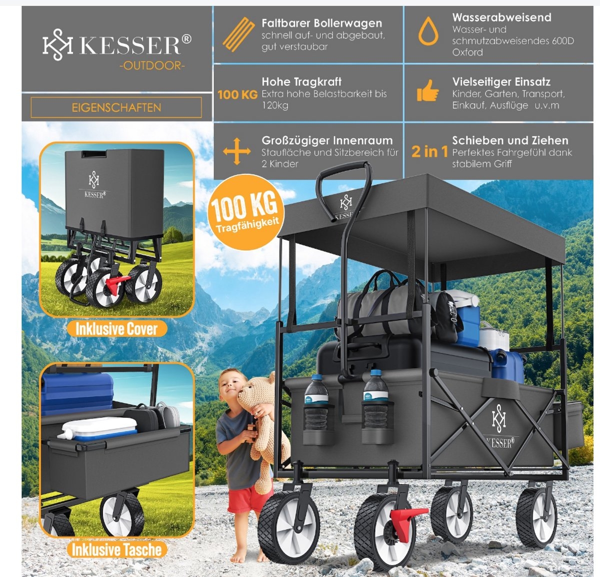 Opvouwbare bolderwagen - met dak - transportwagen met massieve wielen - grijs / antraciet - Afbeelding 7