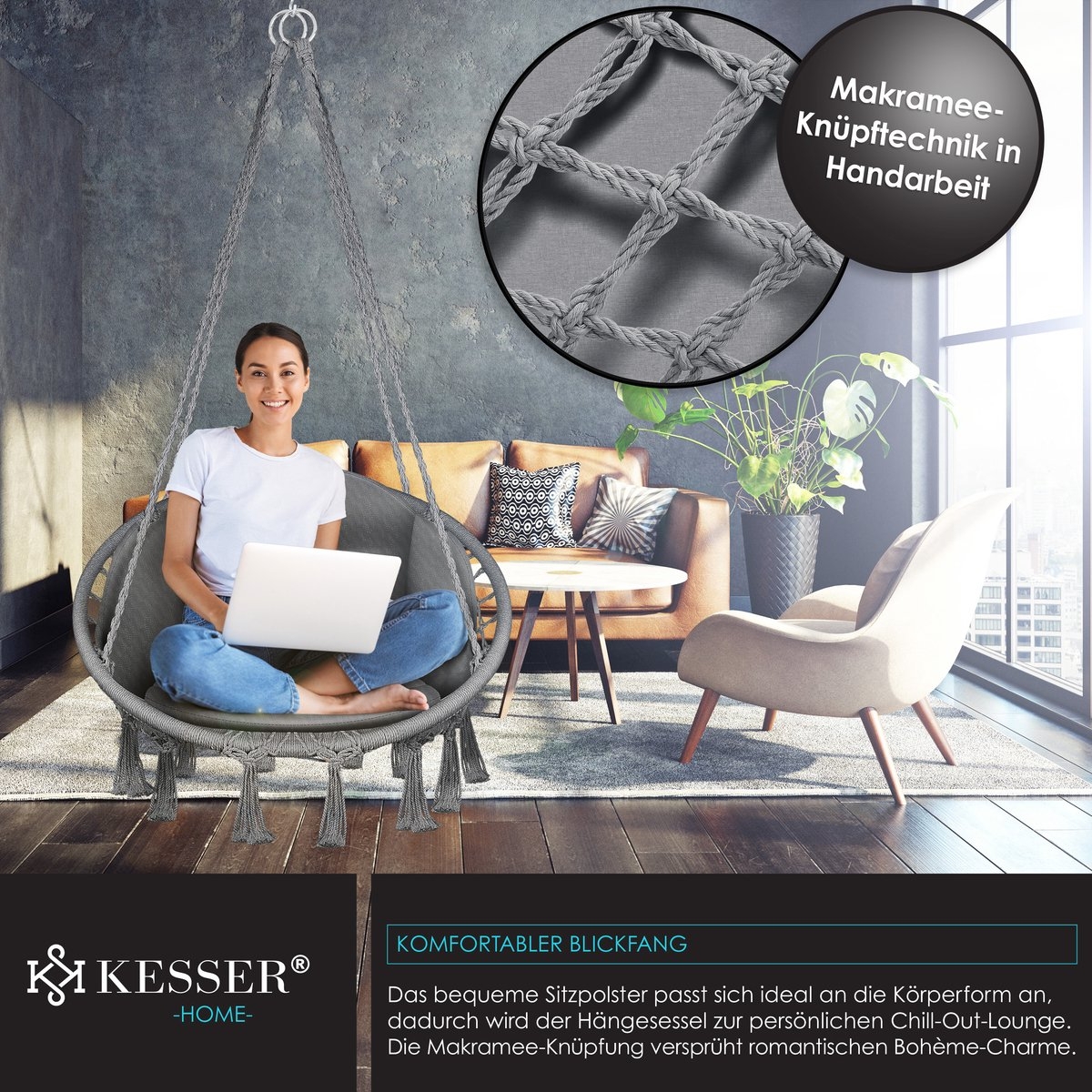 Hangstoel Chill - met Kussen - voor binnen en buiten - tot 150 kg - grijs - Afbeelding 2