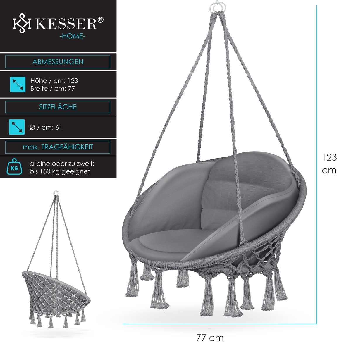 Hangstoel Chill - met Kussen - voor binnen en buiten - tot 150 kg - grijs - Afbeelding 4
