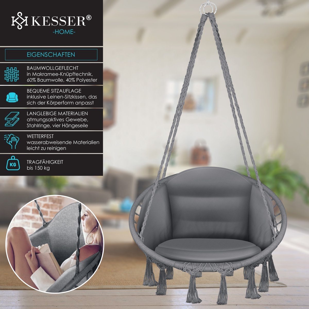Hangstoel Chill - met Kussen - voor binnen en buiten - tot 150 kg - grijs - Afbeelding 5