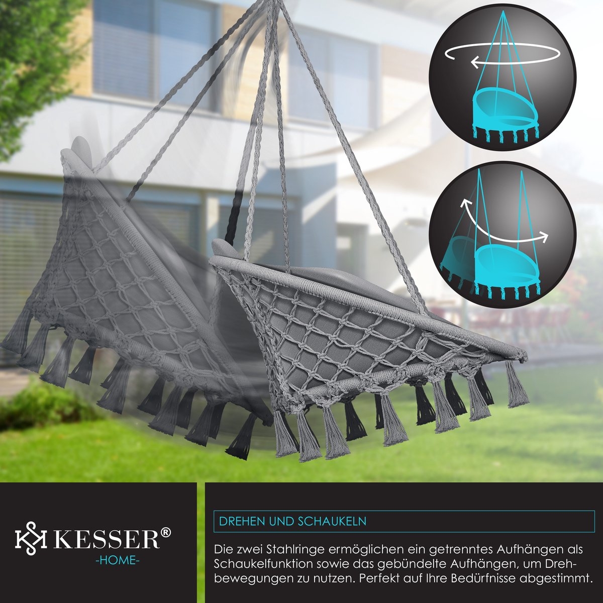 Hangstoel Chill - met Kussen - voor binnen en buiten - tot 150 kg - grijs - Afbeelding 7