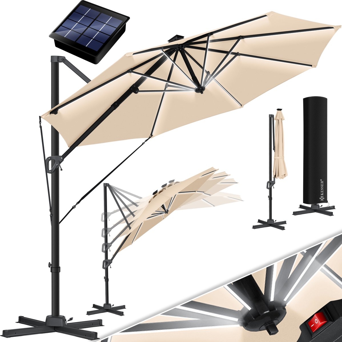 KESSER® SUN Zweefparasol XL Ø330 - Parasol Inclusief Beschermhoes 360° Draaibaar UV50+ Tuinparasol