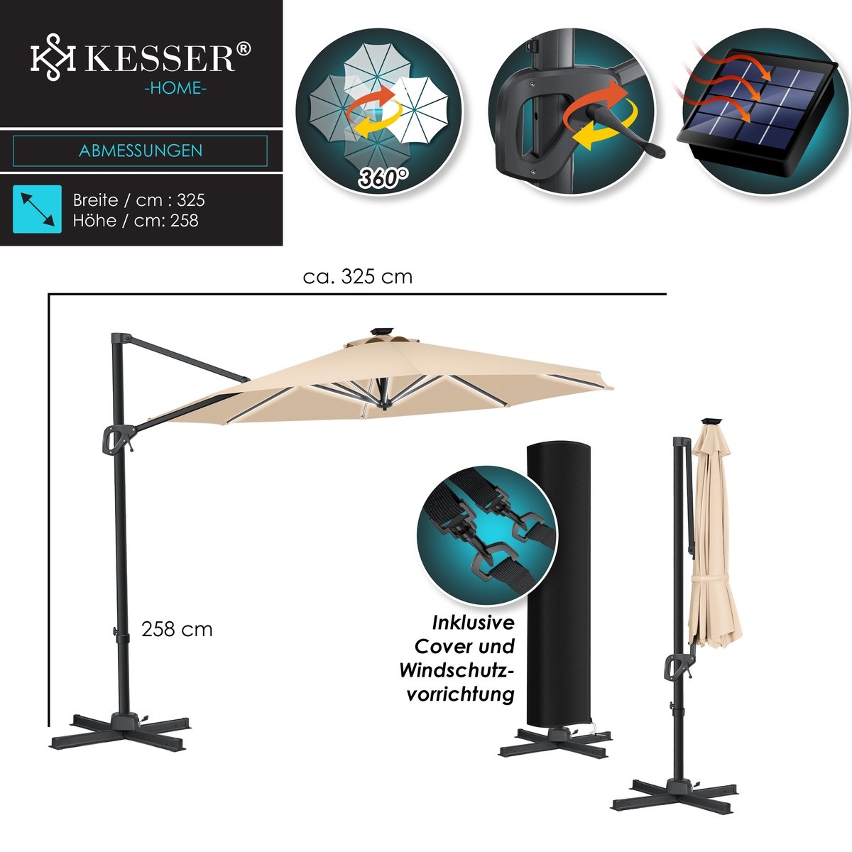 KESSER® SUN Zweefparasol XL Ø330 - Parasol Inclusief Beschermhoes 360° Draaibaar UV50+ Tuinparasol - Afbeelding 2