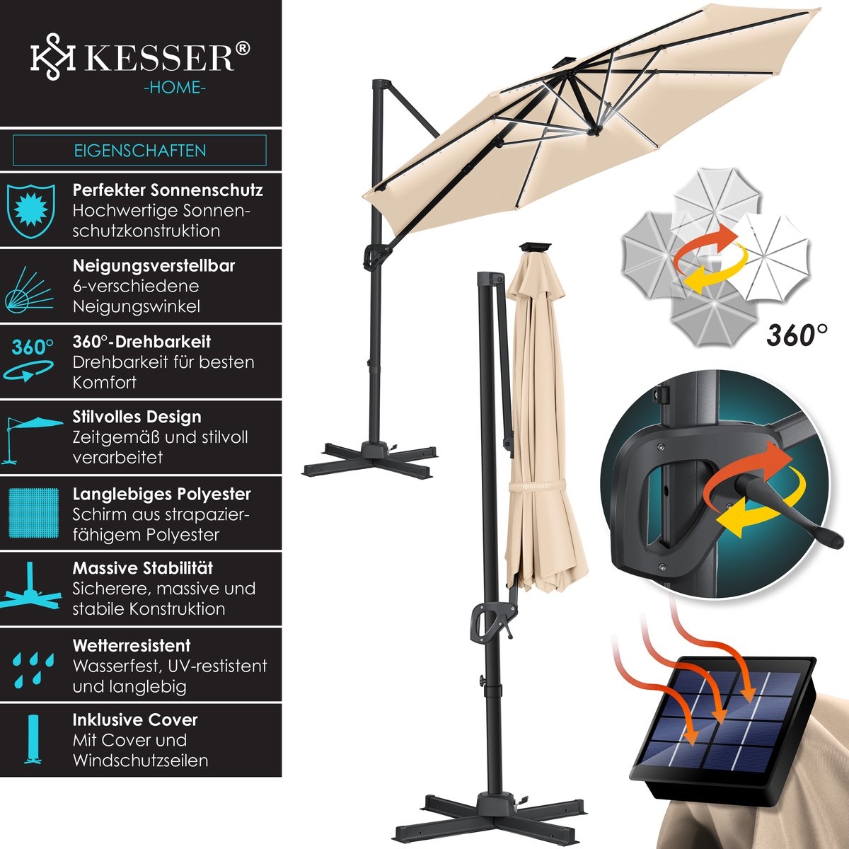 KESSER® SUN Zweefparasol XL Ø330 - Parasol Inclusief Beschermhoes 360° Draaibaar UV50+ Tuinparasol - Afbeelding 3