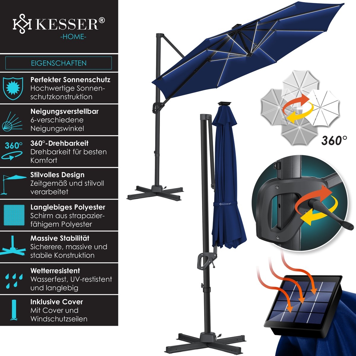 KESSER® SUN Zweefparasol XL Ø330 - Parasol Inclusief Beschermhoes 360° Draaibaar UV50+ Tuinparasol - Afbeelding 5