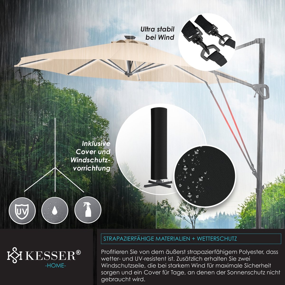 KESSER® SUN Zweefparasol XL Ø330 - Parasol Inclusief Beschermhoes 360° Draaibaar UV50+ Tuinparasol - Afbeelding 6