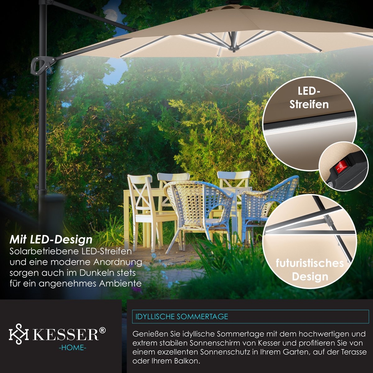 KESSER® SUN Zweefparasol XL Ø330 - Parasol Inclusief Beschermhoes 360° Draaibaar UV50+ Tuinparasol - Afbeelding 7
