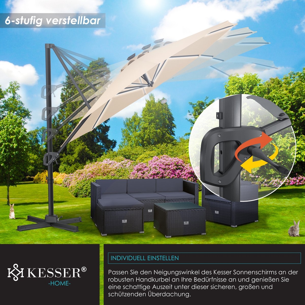 KESSER® SUN Zweefparasol XL Ø330 - Parasol Inclusief Beschermhoes 360° Draaibaar UV50+ Tuinparasol - Afbeelding 8