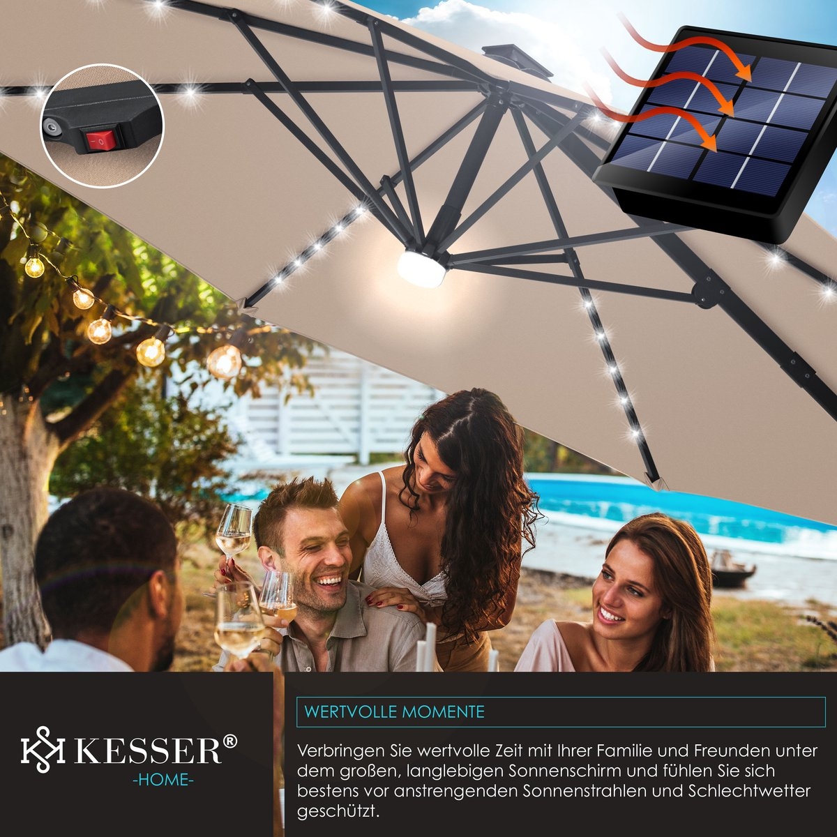 KESSER® SUN Zweefparasol XL Ø330 - Parasol Inclusief Beschermhoes 360° Draaibaar UV50+ Tuinparasol - Afbeelding 10