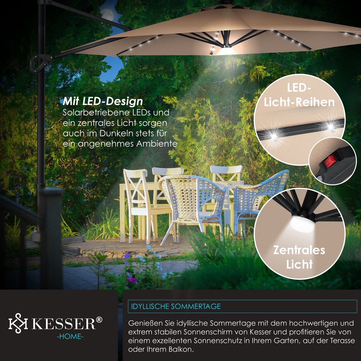 KESSER® SUN Zweefparasol XL Ø330 - Parasol Inclusief Beschermhoes 360° Draaibaar UV50+ Tuinparasol - Afbeelding 11