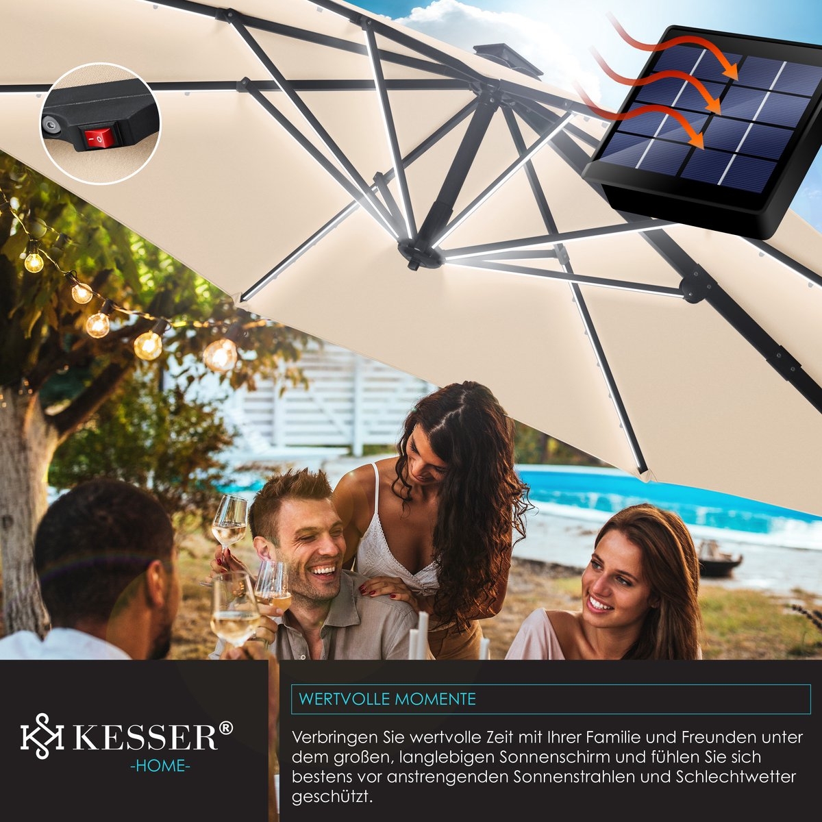 KESSER® SUN Zweefparasol XL Ø330 - Parasol Inclusief Beschermhoes 360° Draaibaar UV50+ Tuinparasol - Afbeelding 12
