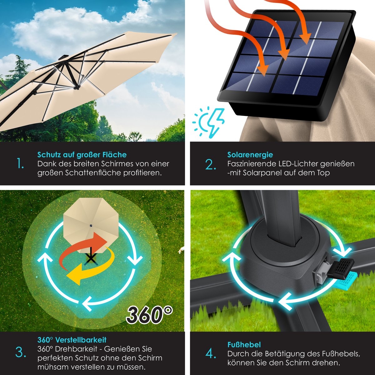 KESSER® SUN Zweefparasol XL Ø330 - Parasol Inclusief Beschermhoes 360° Draaibaar UV50+ Tuinparasol - Afbeelding 13