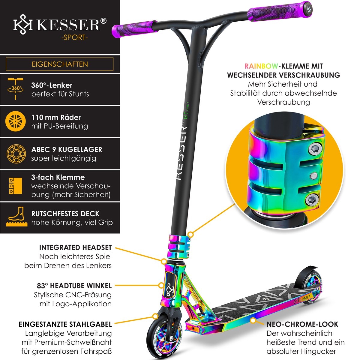 Stuntstep GT-Limit 360° - voor volwassenen en kinderen - ABEC 9 kogellagers - 110 mm PU Wielen - multikleur