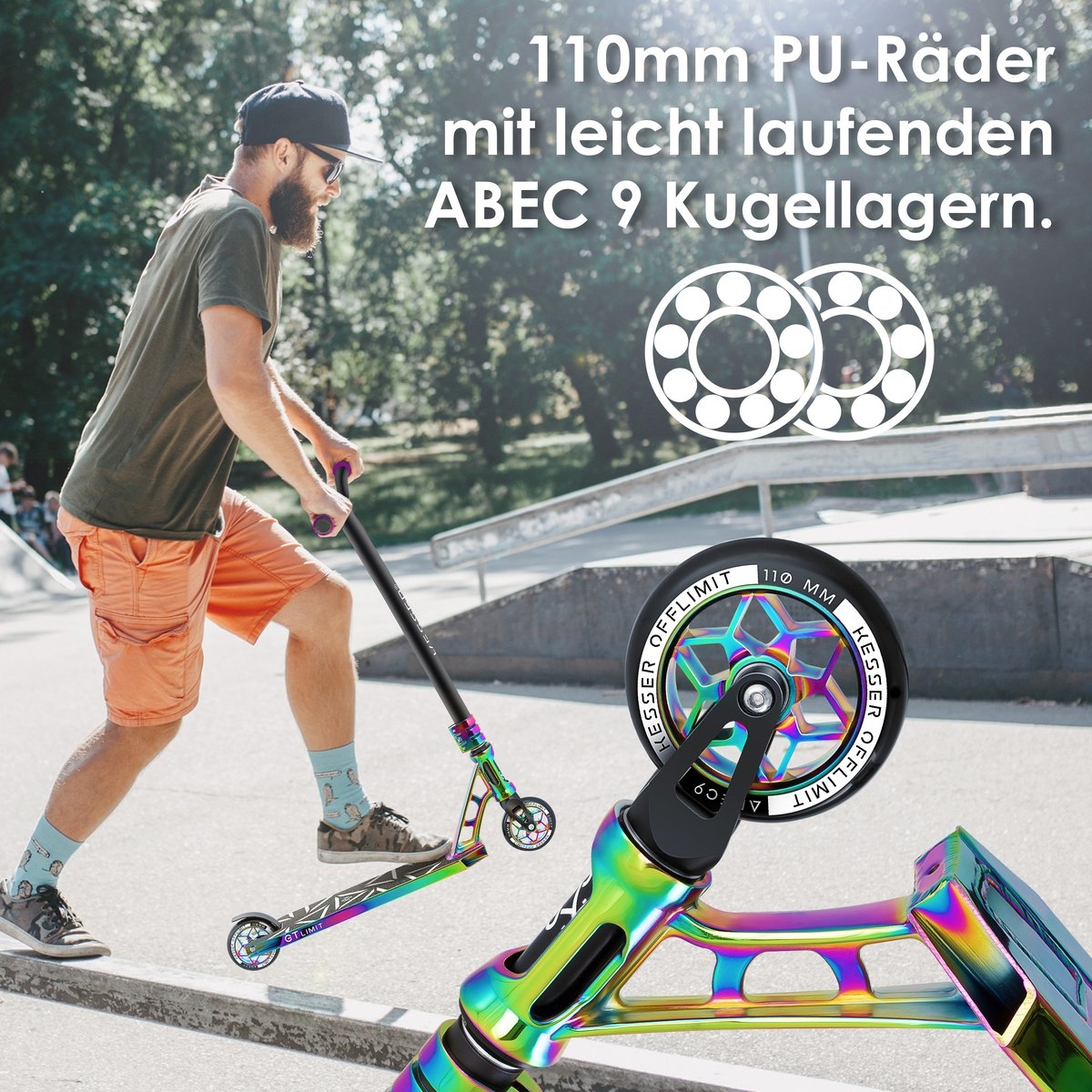 Stuntstep GT-Limit 360° - voor volwassenen en kinderen - ABEC 9 kogellagers - 110 mm PU Wielen - multikleur - Afbeelding 3