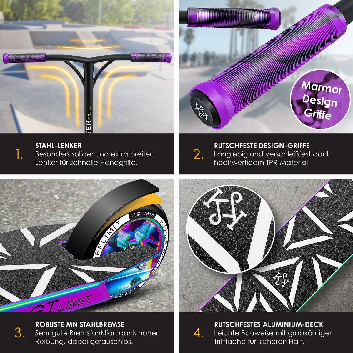 Stuntstep GT-Limit 360° - voor volwassenen en kinderen - ABEC 9 kogellagers - 110 mm PU Wielen - multikleur - Afbeelding 5